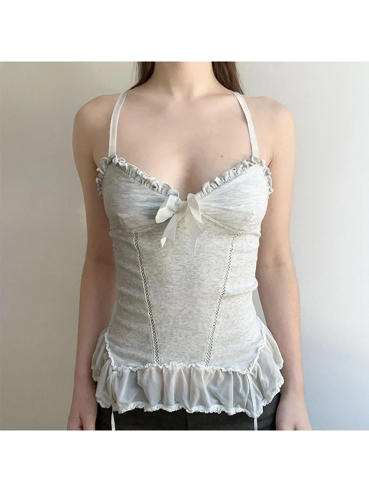 

Woman American Style Camisole French Elegance Corset Cute Core Tank Ballet Core Top Crop Patchwork Halter Bustier Lace Tops
