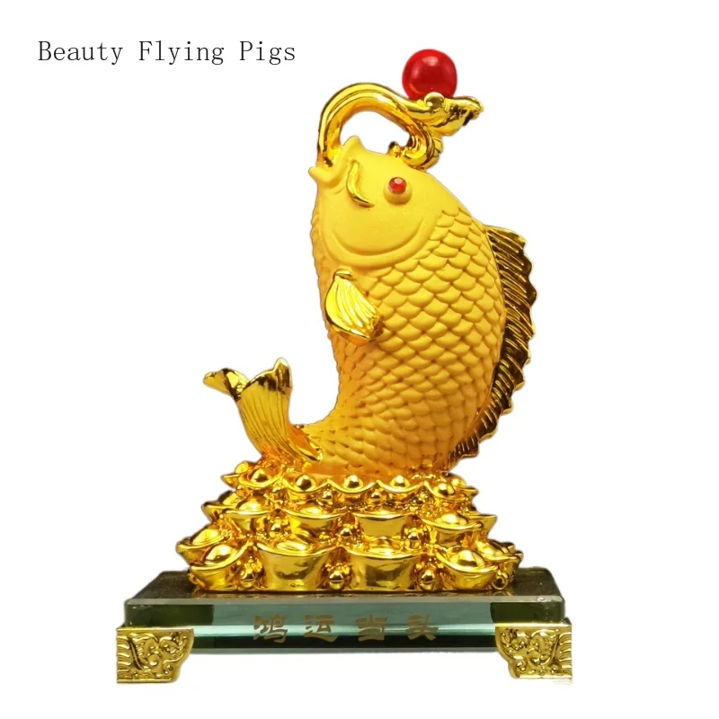 

12x8.5x17cm resin lucky gold dragon fish small decoration living room dining table office gift Artificial metal figurine