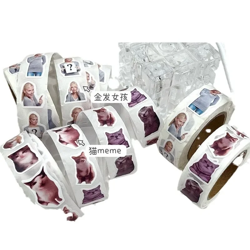 500PCS/Roll Cat Meme Stickers 7 Styles Funny Cat Stickers Cute Animal Decals Vinyl Waterproof Sticker for Scrapbooking DIY