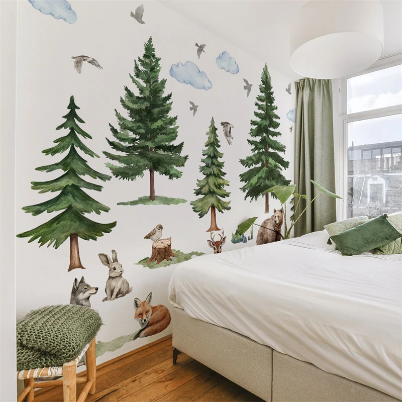 Safari Pine Tree Cartoon Fox Deer Wolf Wall Stickers for Children Bedroom