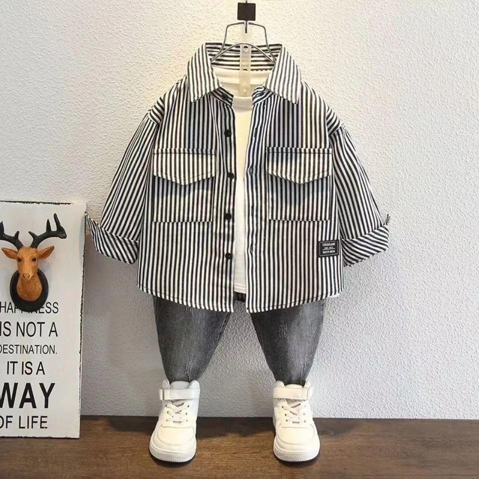Boys Striped Shirt British Style Spring and Autumn Korean Version Handsome Children's Spring Coat 2-14 Year Old Shirt