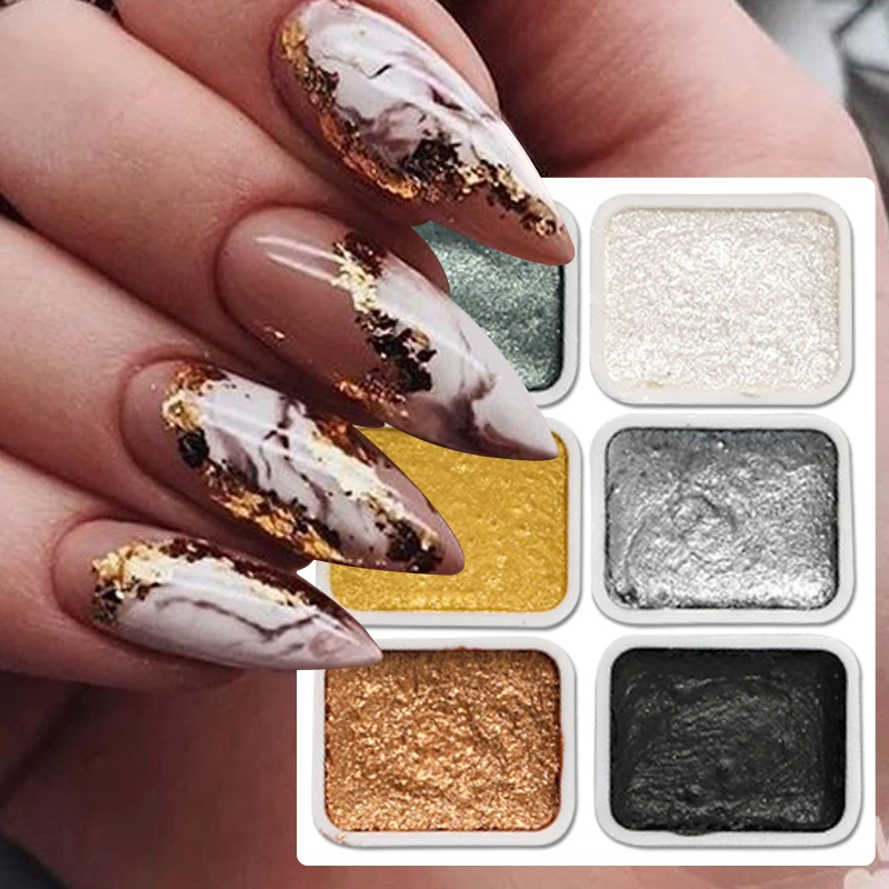 

6pcs Solid Pigment Nail Art Decor Watercolor Manicure Metallic Paint Draw Chrome Gradient Marble Effect Shimmer Manicure Dust