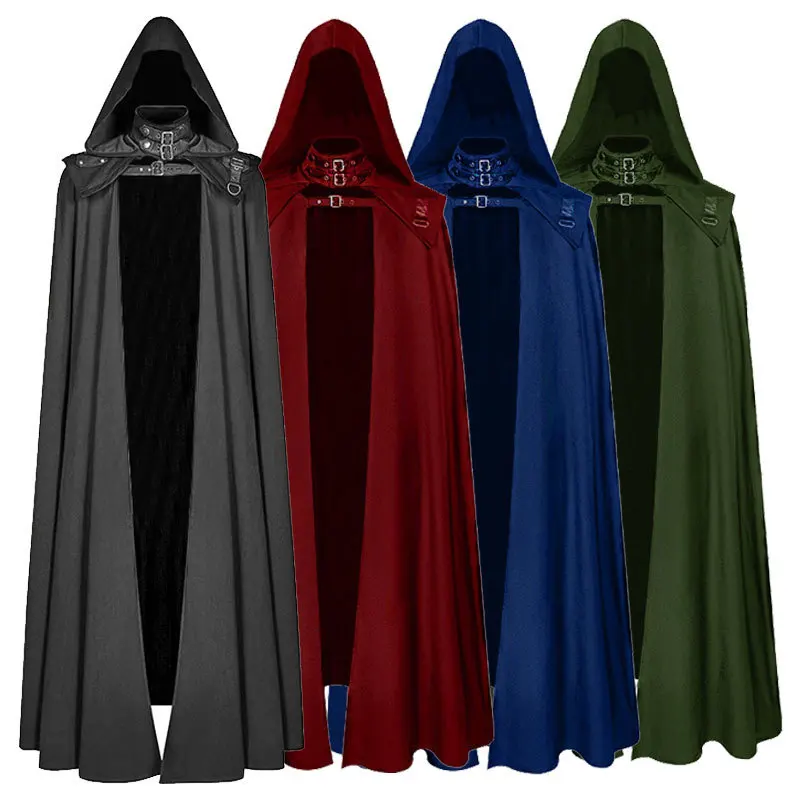 

Medieval Long Cloak Men Hooded Coat Carnival Assassin Cosplay Costumes Vintage Gothic Buckled Stand Collar Leather Knights Cape