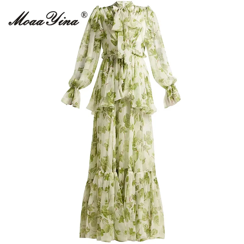 

MoaaYina Autumn Fashion Runway Green Vintage Dress Women Lantern Sleeve Frenulum Ruffles Floral Print High Waist Slim Long Dress