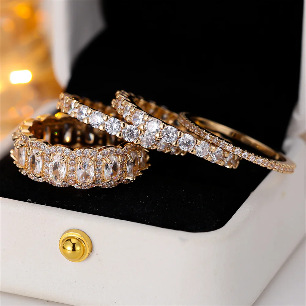 4pcs/Set White Zircon Geometric Stone Ring Sets For Women Vintage Gold Color Engagement Bands Wedding Jewelry Set Versatile Gift