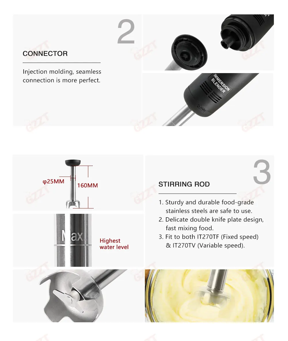 GZZT 270W Immersion Blender Handheld Blender 304 Food Grade Stainless Steel Food Mixer Optional Whisk Egg Beater 110V 220V 6
