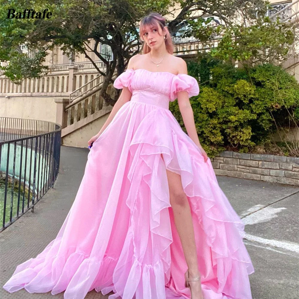 

Bafftafe Pink Organza Women Prom Gowns Short Sleeves Ruffles Slit Side Lace Up Corset Back Formal Wedding Party Evening Gown