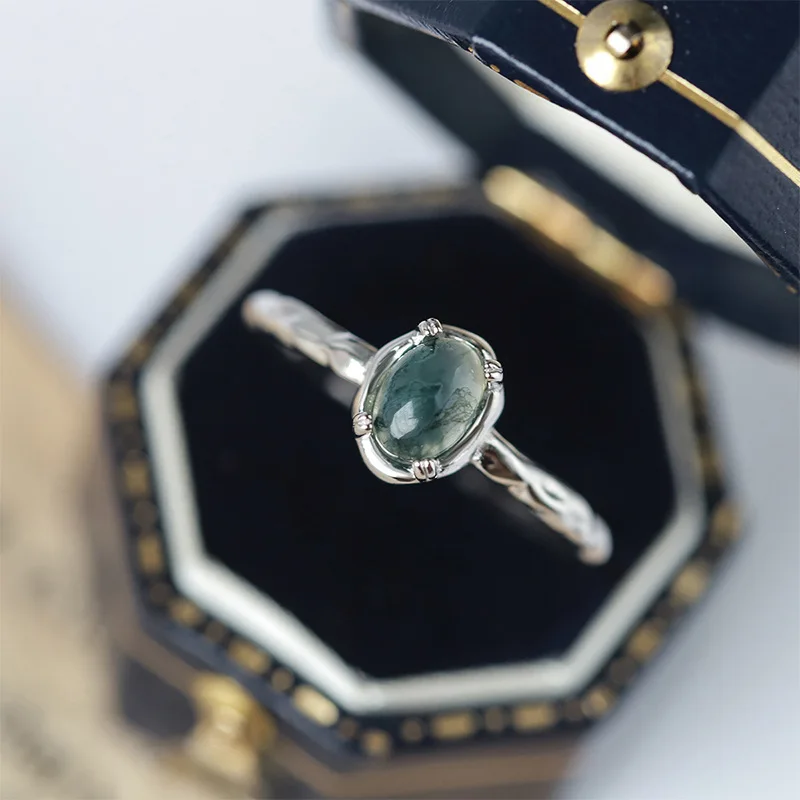 Bague Avec Pierre D'agate Mousse Bague En Acier Inoxydable Anneaux D