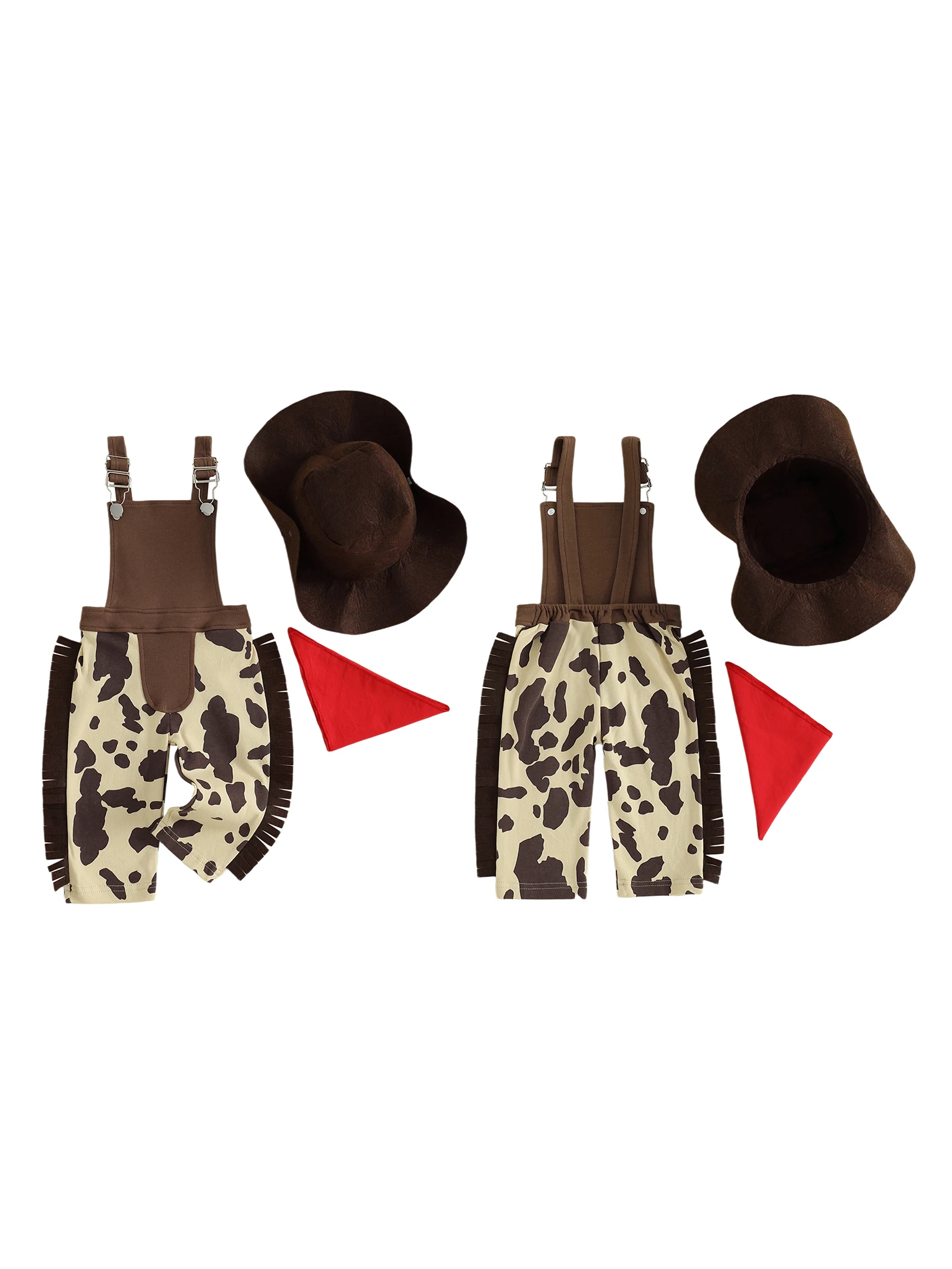 Baby-Western-Kleidung, ärmelloser Overall mit Kuhmuster, Quaste, Cowgirl-Hut und Bandana-Halstuch – Detail 3