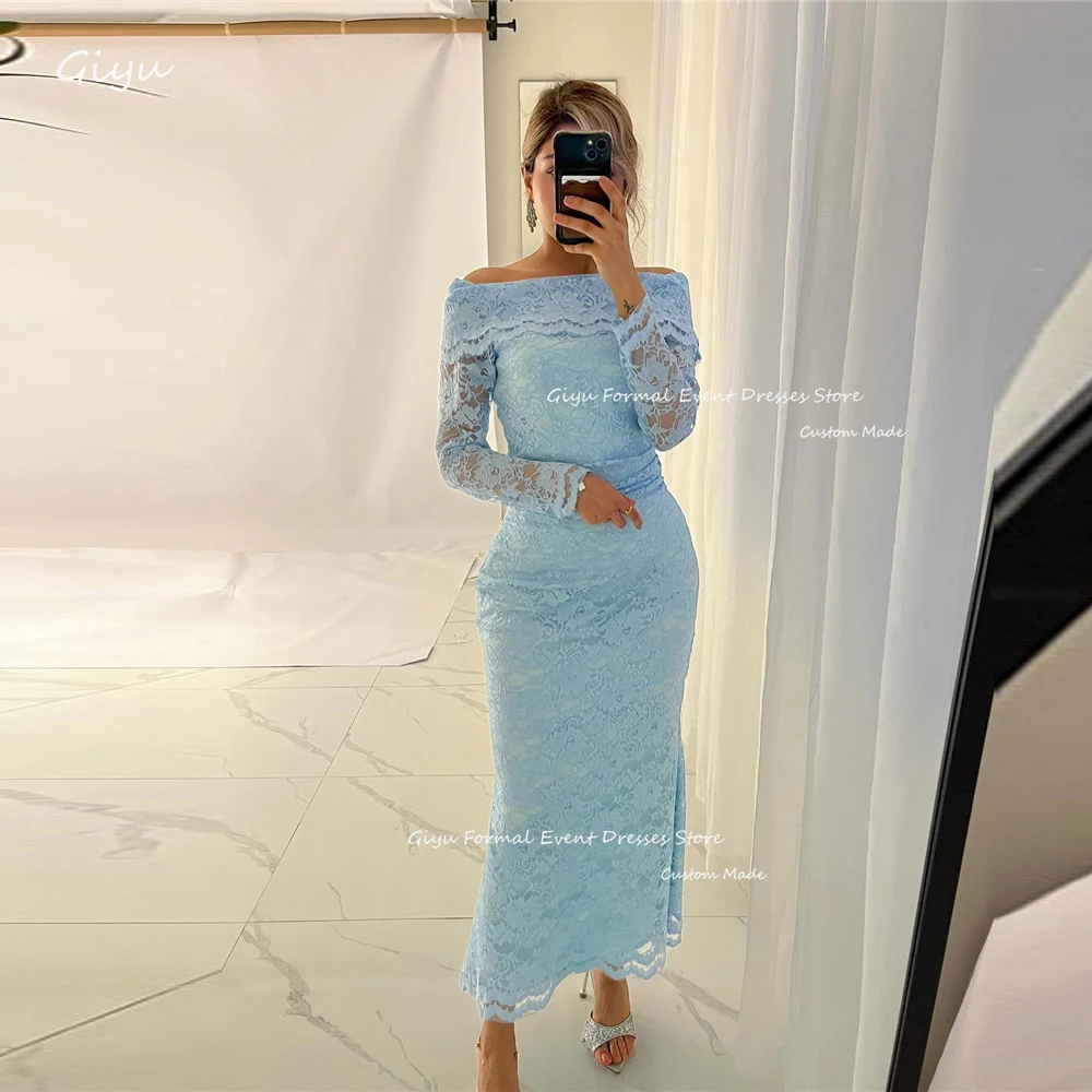 

Giyu Blue Vintage Evening Dresses Off Shoulder Long Sleeves Arabic Women Full Lace Ankle length Prom Gowns Formal Party Dress
