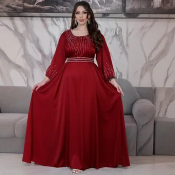 2025 Middle Eastern Dubai Women's Stylish Hotfix Diamond Belted Maxi Robe Evening Gown, Saudi Arabian Muslim Robe Long Dress 1