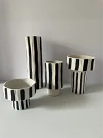 Black and White Striped Ceramic Vase Wide Mouth Flowerpot Geometric Pattern Flower Arrangement Porcelain Handicraft Ornaments 2