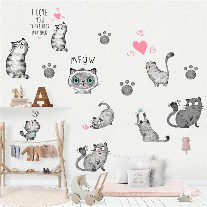 Black gray hand painted cat wall Stickers living room bedroom children's room Cats decoration decal