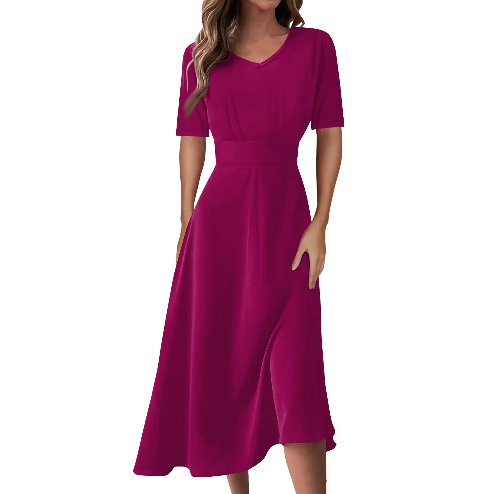 

Ladies Casual Fashion Solid Color V-Neck Short Sleeve Waist Long Swing Dress vestidos elegantes feminino vestidos para mujer