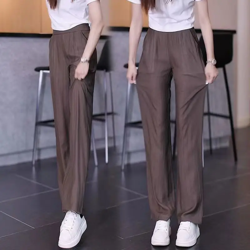 Simplicity Casual Women's Solid Elastic High Waist Trousers Fashion All-match Straight Wide Leg Pants Summer Female Clothing
