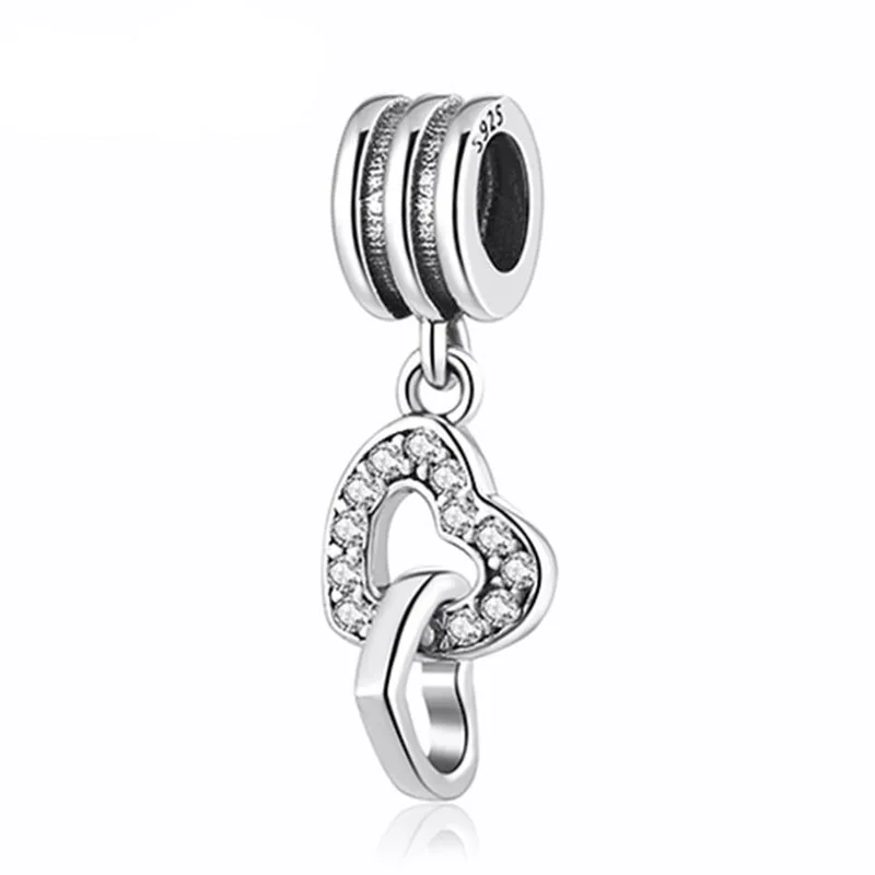 

S925 Sterling Silver Bead Love Hearts Entwined Pave Crystal Dangle Charm Fit Women Bracelet Bangle DIY Jewelry Lady Girl Gift