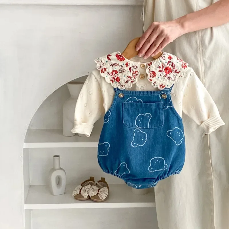 New Spring Autumn Young Children Boys and Girls Denim Bodysuit Cartoon Bear Printed Shoulder Straps Sleeveless Jumpsuit H22401 2