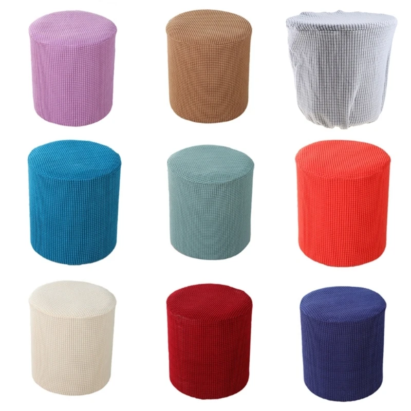 Modern Round Ottoman Slipcover Waffle Textured Jacquard Solid Color Stretch Velvet Footstool