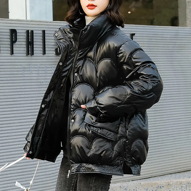 Piumino Imbottito In Cotone Da Donna Parka Lucido Inverno Addensare Colletto Alla Coreana Antivento Caldo Outwear Piumino Bubble Jacket Parka