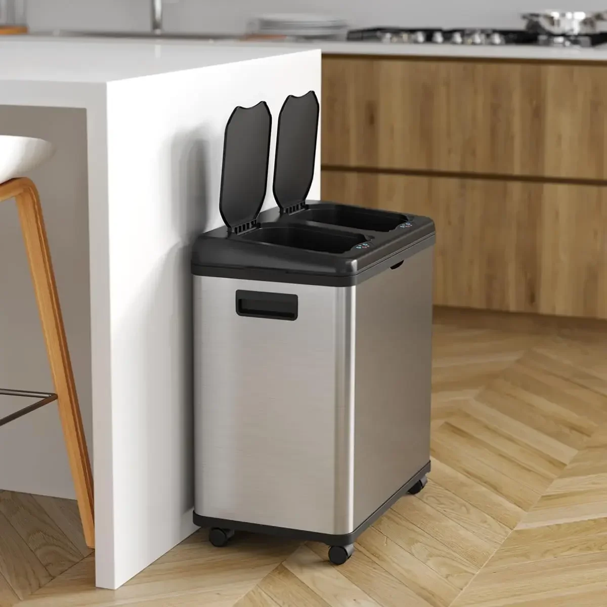 Stainless Steel Touchless Trash Can and Recycle Bin, Dual-Compartment, 16 Gallon, 8 Gal Each