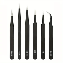 Premium ESD Anti - Static Tweezers Set - 6 - Piece Durable Stainless Steel Tools for Electronic Repair and Precision Crafting (1set black)