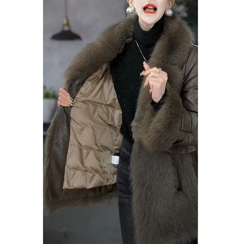 2023 Winter New Women Fur One Fur Down Jacket Slim Overcoat Thick Outwear Padded Warm White Duck Down Jacket
