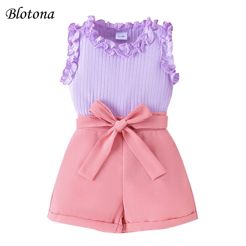 

Летний комплект для маленьких девочек Blotona, однотонный топ без рукавов и шорты в рубчик с оборками и поясом, комплект одежды из 2 предметов