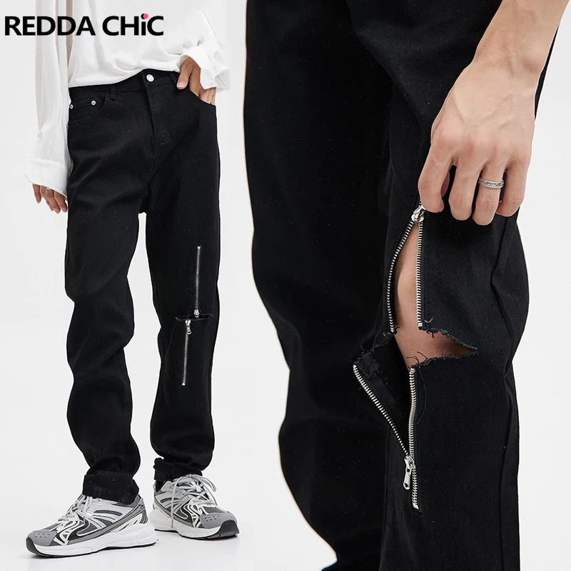 

ReddaChic Men Cross Zipper Ripped Straight Jeans Vintage Wash Deconstructed Pencil Pants Skinny Black Denim Punk Hiphop Trousers