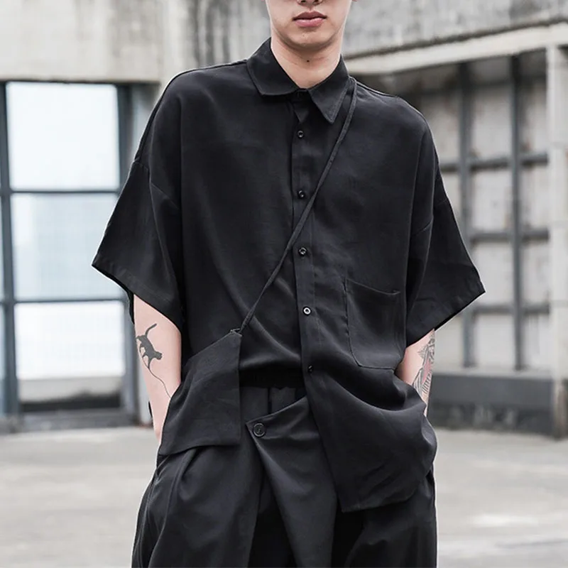 

Black Oversized Short Sleeve Shirt Men's Korean Style Drop Shoulder Shirt Harajuku Loose Single Breasted Shirt