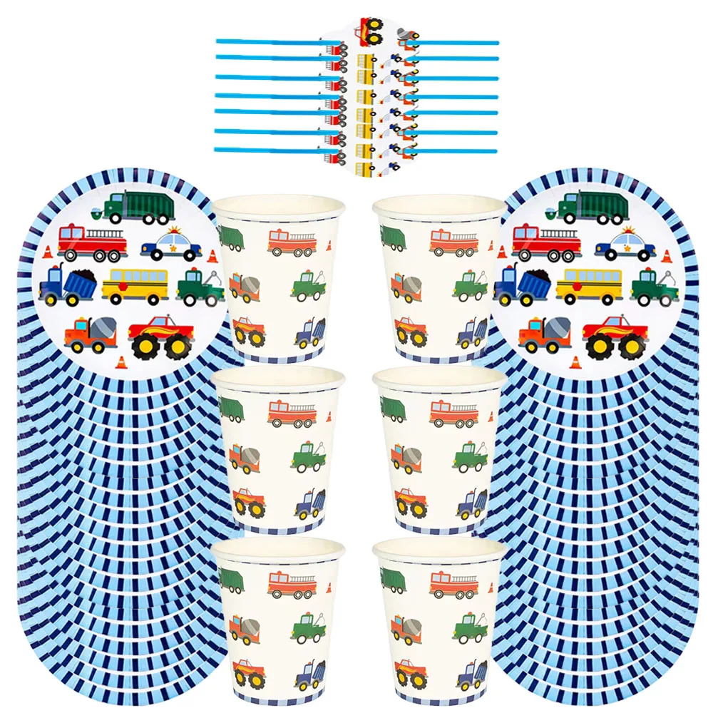 

10-20people use Cartoon Cars Fire Truck Theme Birthday Kids Party Supplies Disposable Tableware Banner Paper Plate Cup hat set