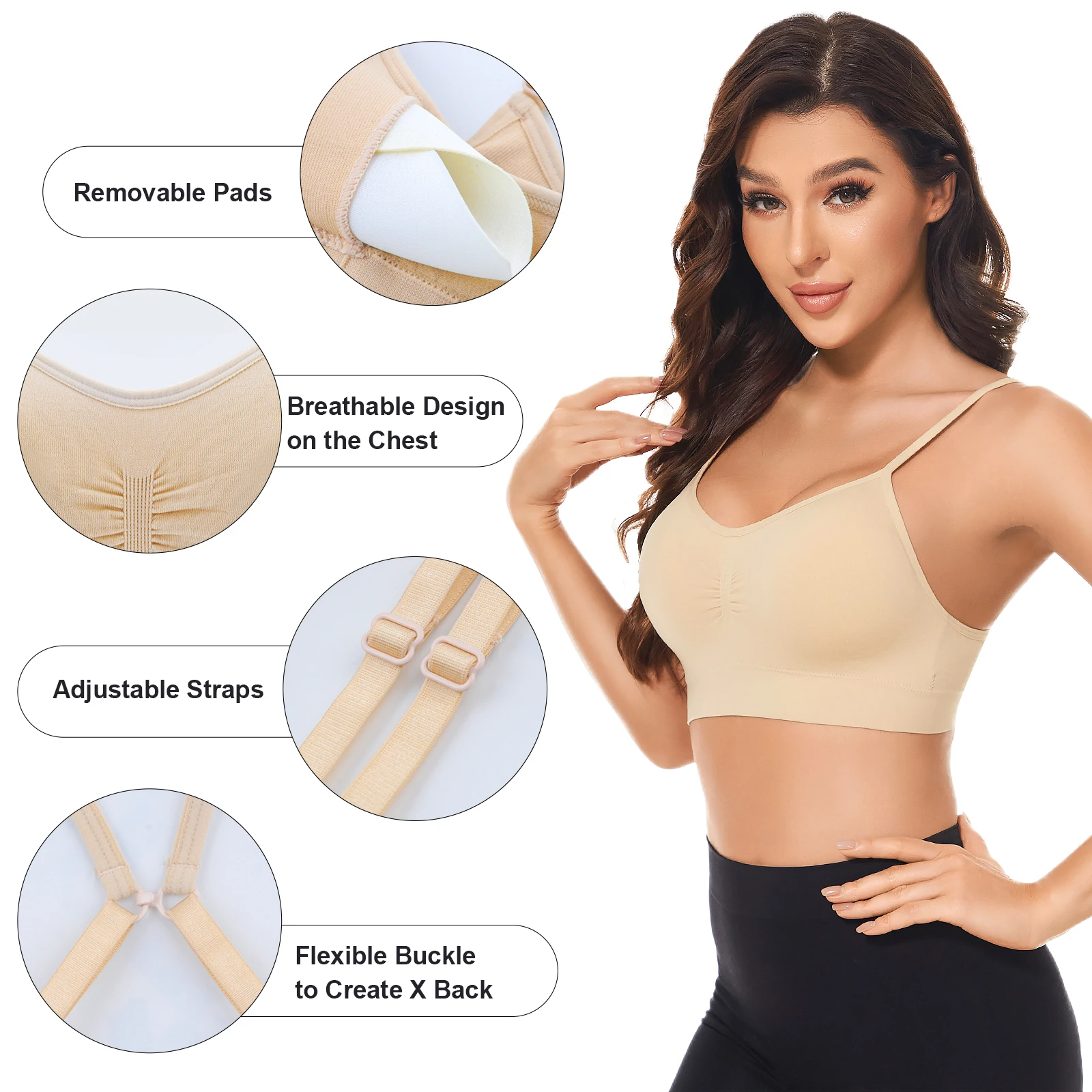 Tank Top Sport Bra Cotton Underclothes with Sponge Pads No Steel Ring  Breathable Bra Underwaist Chest Protection 4PCS (Skin Color)