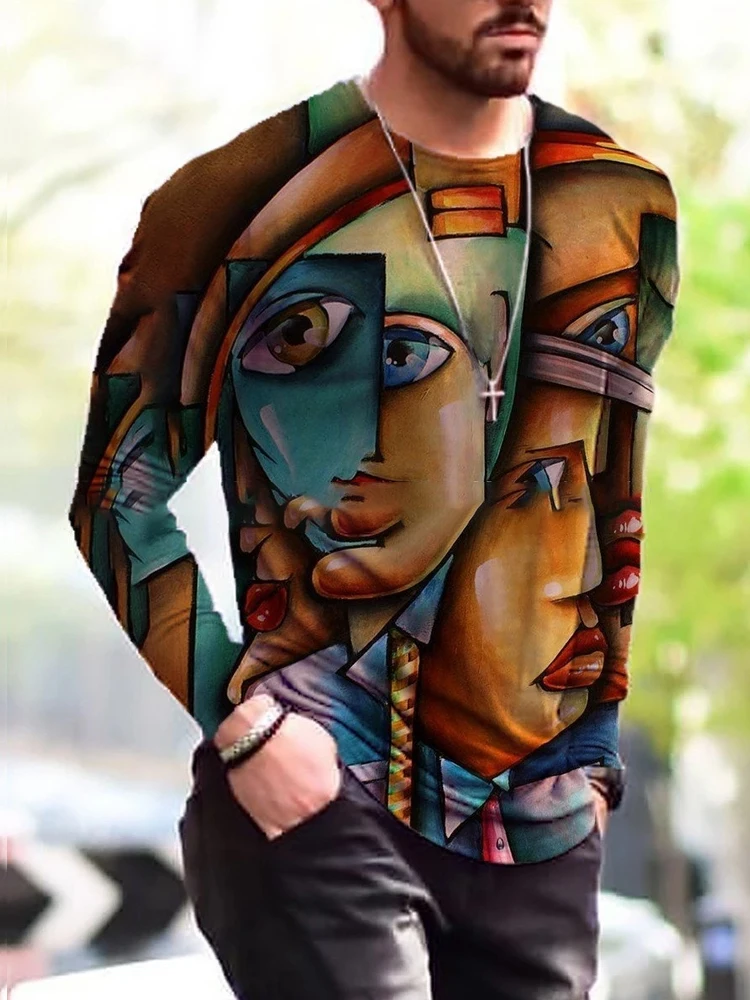 Мужская футболка с длинным рукавом круглым вырезом и принтом |