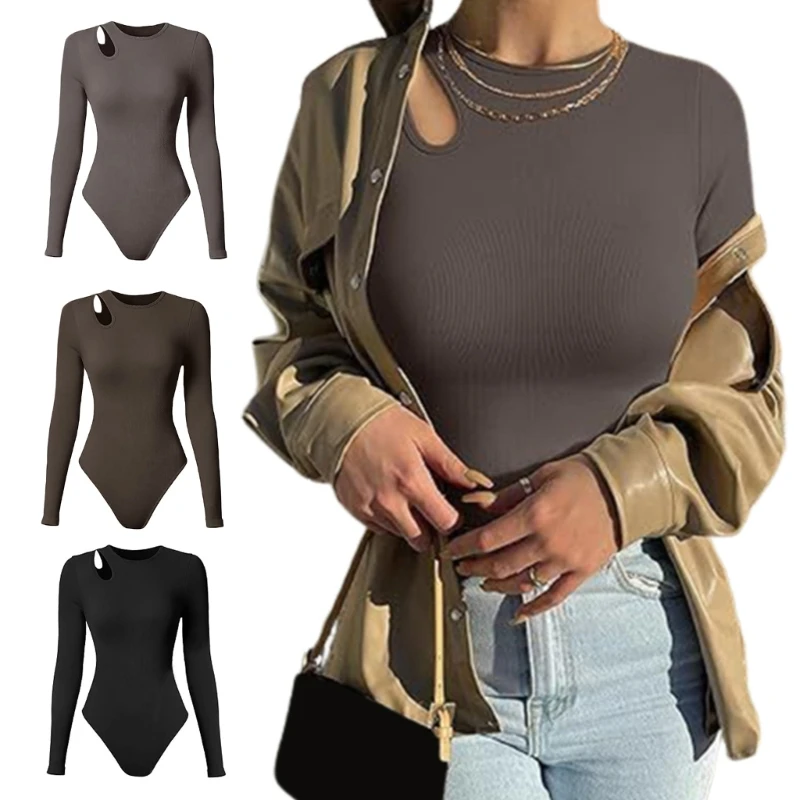 

Modern Hollow Shoulder Neck Bodysuit for Ladies Sexy Ribbed Long Sleeve Top