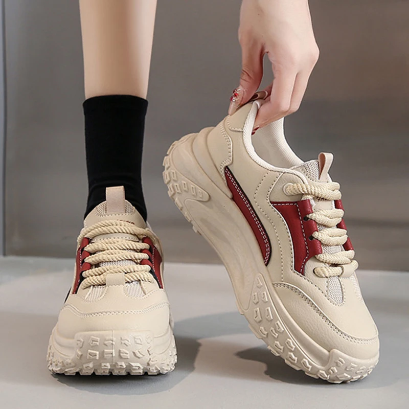 Outdoor Women Sneakers Casual Running Shoes Casual Lace-Up Fashion New Platform Breath Mid Heels Spring Thick Sole Dad Shoes