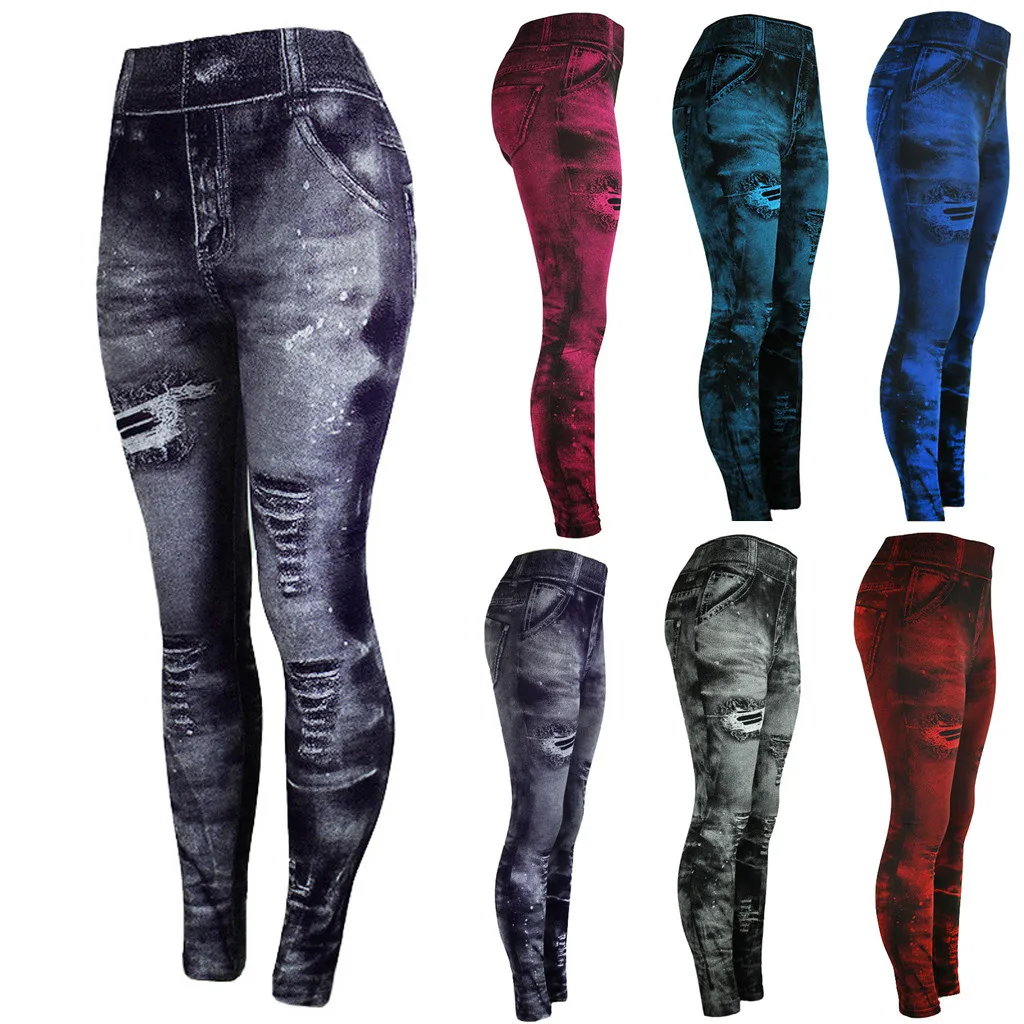 

New Women Imitation Distressed Denim Jeans Leggings Casual High Waist Slim Elastic Pencil Pants Sport Leggins Femal Push Up