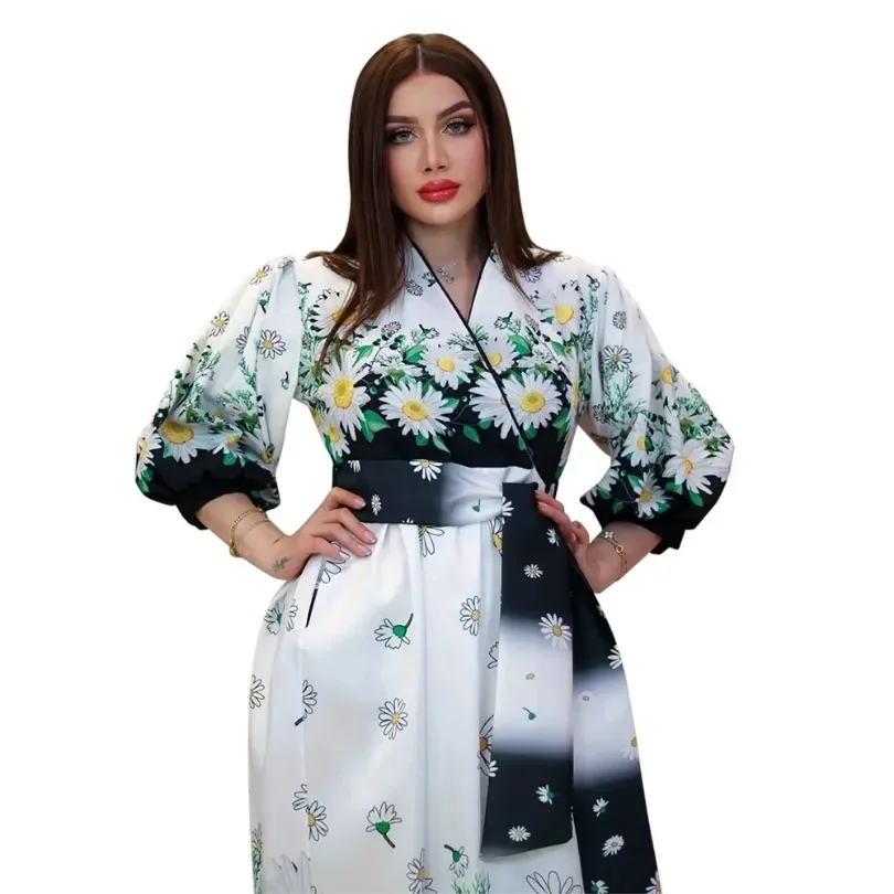 Abaya Dress Spring Autumn 2024 Muslim Women Elegant Half Sleeve V-neck Polyester Printing Long Maxi Dress Muslim Fashion Dress