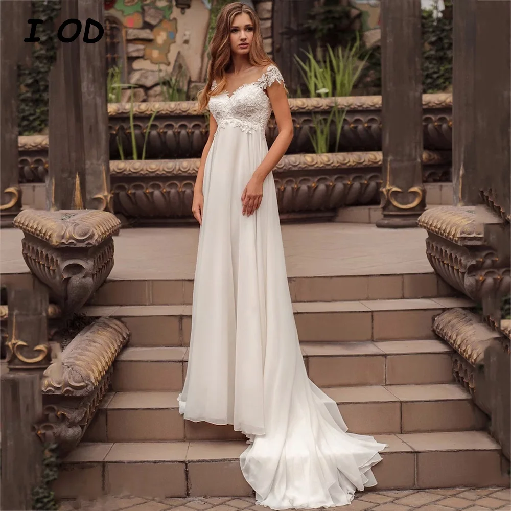 

I OD O-Neck A-Line Wedding Dress Short Sleeves Applique Backless Floor Length Chiffon Bridal Gown Vestidos De Novia Custom Made