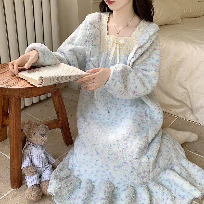 FeelMeStyle Women's Coral Fleece Nightgown - Long Sleeve Lace Trim Princess Nightdress For Winter