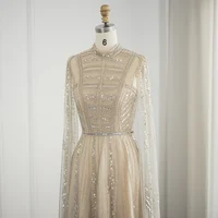 Luxury Dubai Grey Nude Arabic Evening Dresses with Cape Sleeves Elegant Women Formal Gowns for Wodding Party 428 1