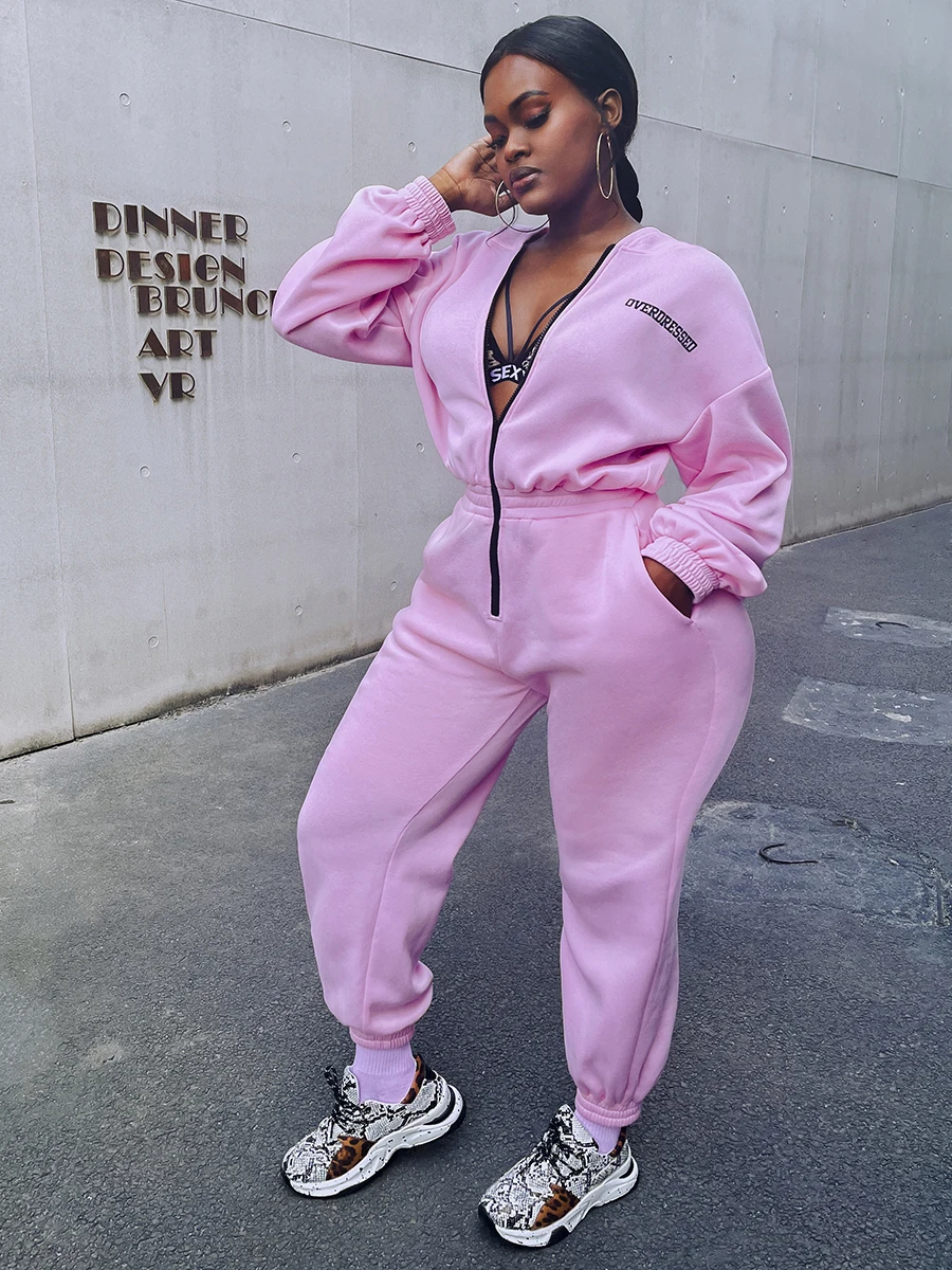 LW Zipper Up Fall Winter One Piece Pink Letter Loose Sweat Jumpsuit Deep V Neck Sporty Cargo Long Pants Romper with Pockets
