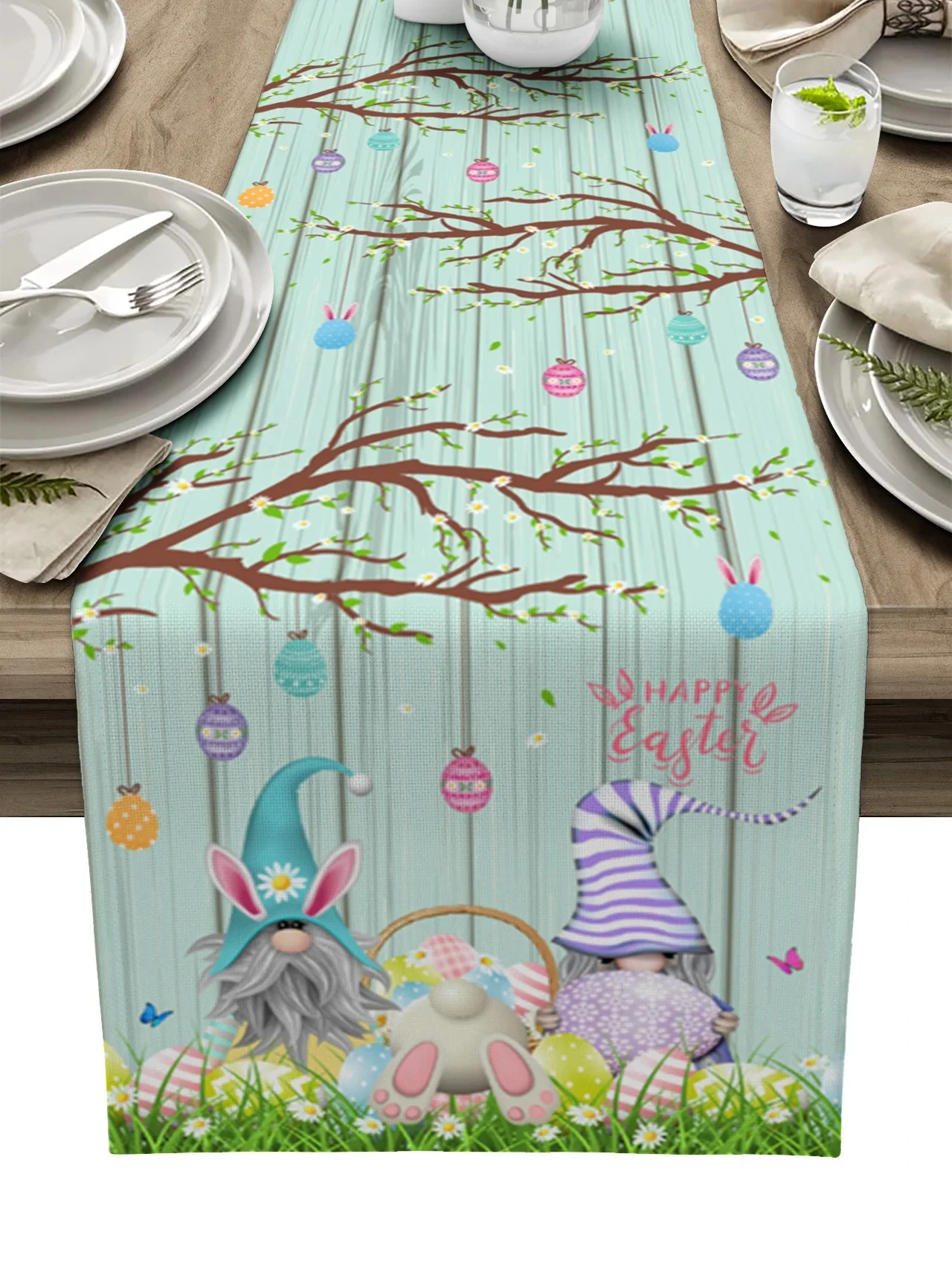 Easter Gnome Bunny Egg Green Wood Grain Runner Da Tavola In Lino Decorazioni Per Feste Fattoria Tavolo Da Pranzo Runner Easters Decorazioni