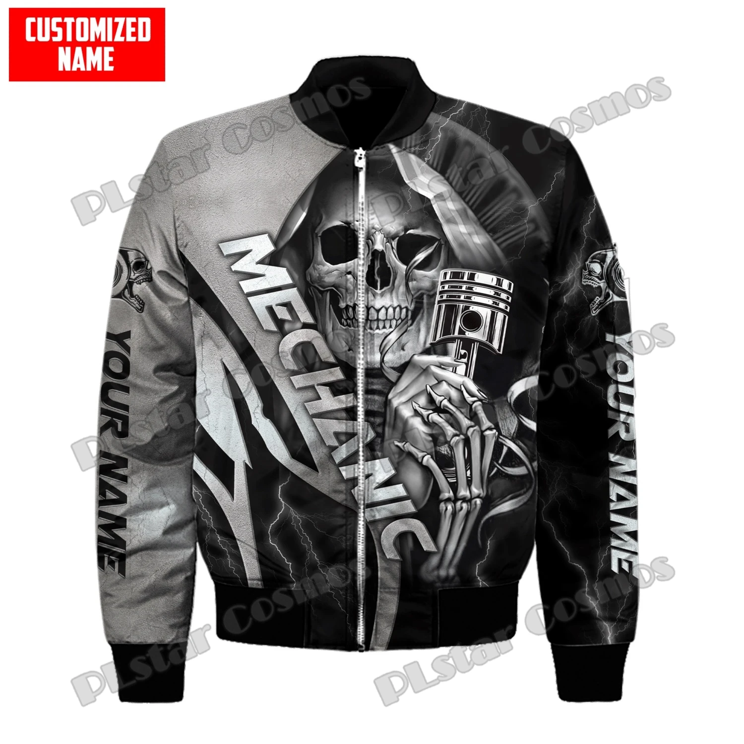 Personalized Name Mechanic Skull Pattern 3D Printed Men's Bomber Jacket Winter Unisex Casual Warm Thick Zipper Jacket Coat FX-23