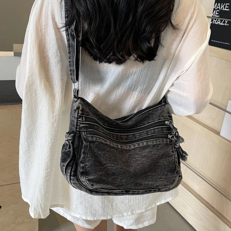 Vintage Denim Women's Shoulder Bag Large Capacity Messenger Bag Multi-pockets Satchel Bags Adjustable Strap Ladies Crossbody Bag