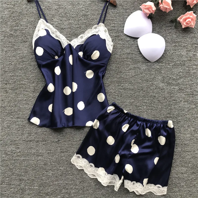 Polka Dot Print Satin & Lace Cami Shorts Set with Built-in Soft Padded – Top-Rated Women's Loungewear in Europe & America 4