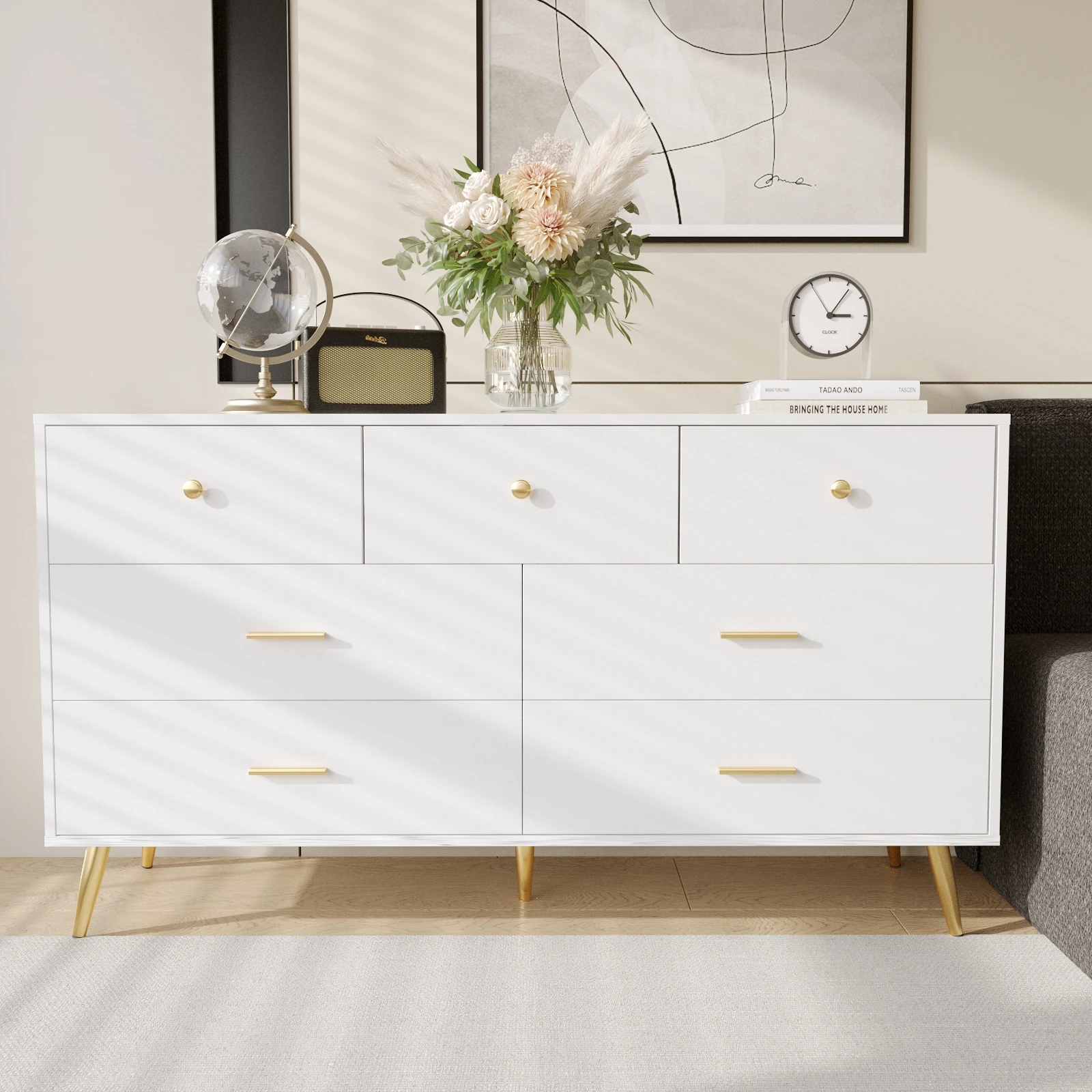 7 Drawer Dresser for Bedroom, Modern White Gold Dresser with Wide Drawers and Power Outlets, Long Chest of Drawers for Living Ro
