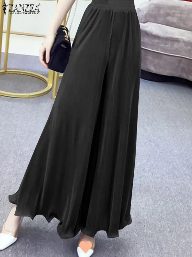 

ZANZEA 2023 Solid High Waist Elastic Vintage Long Pant Autumn Women Loose Ruffles Hem Wide Leg Trousers Casual Pocket Pantalon