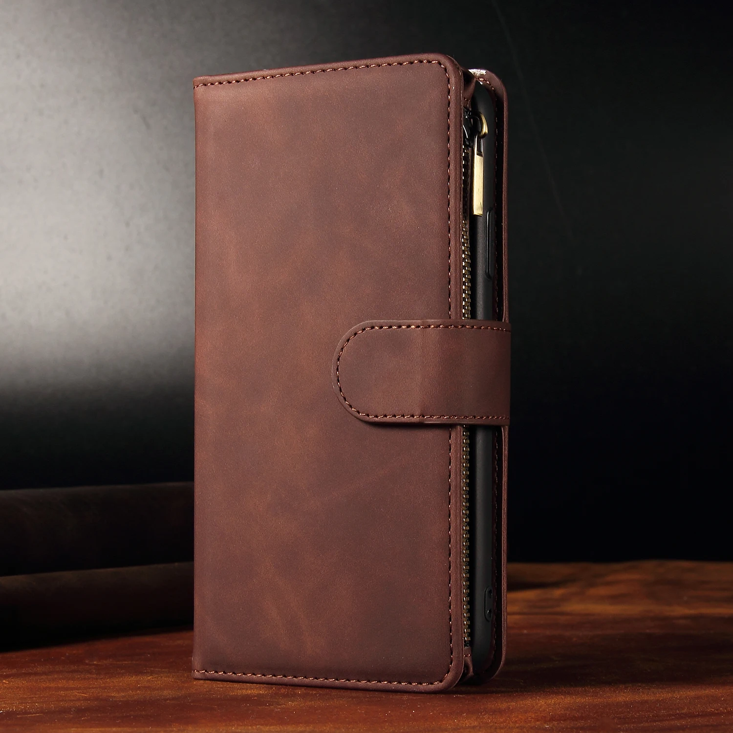 Leather Zipper Purse Flip Wallet Phone Case with Multi-Card Slots