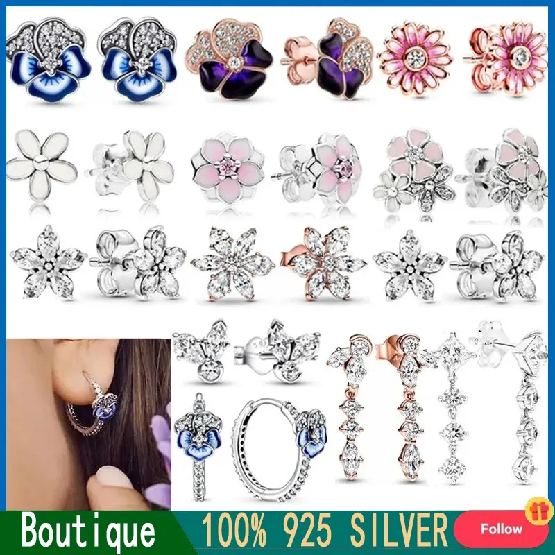 New 925 Silver Original Logo Women's Dense Set Daisy Tri Color Viola Earrings DIY Charming Jewelry Gifts Light Luxury Fashion