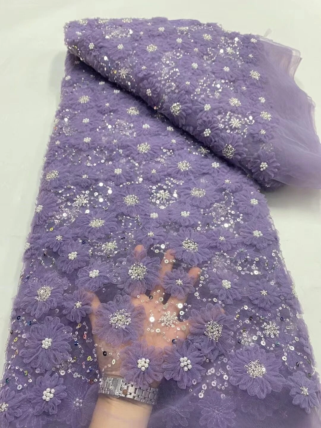

2024 High Quality African Nigerian Tulle Lace Fabric Sequins Embroidery French Guipure Wedding Party Dress Beaded 5Yards