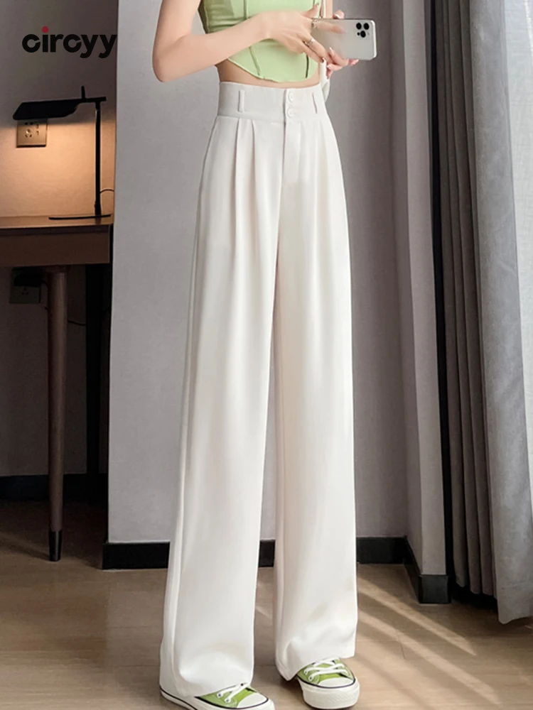 Baggy Pants Women 2023 Summer New High Waisted Double Button Pleated Solid  Pant Office Ladies Full Length Wide Leg Suit Trousers